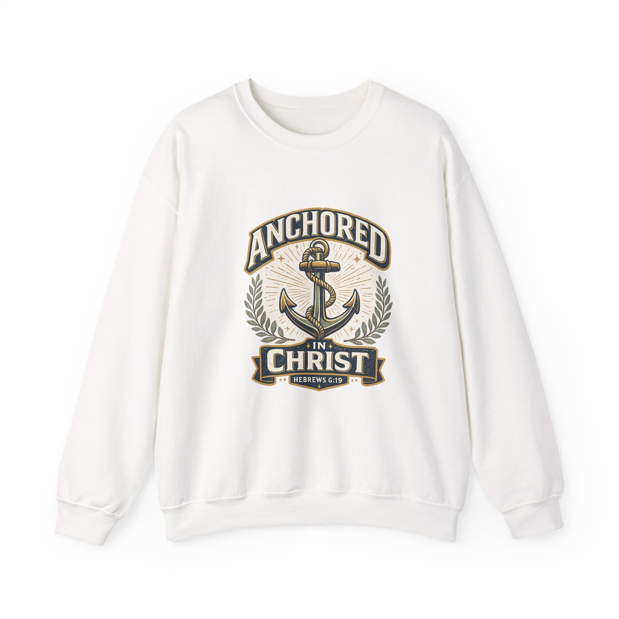 Womens Anchored in Christ Crewneck Sweatshirt — Christian Anchor Faith Pullover