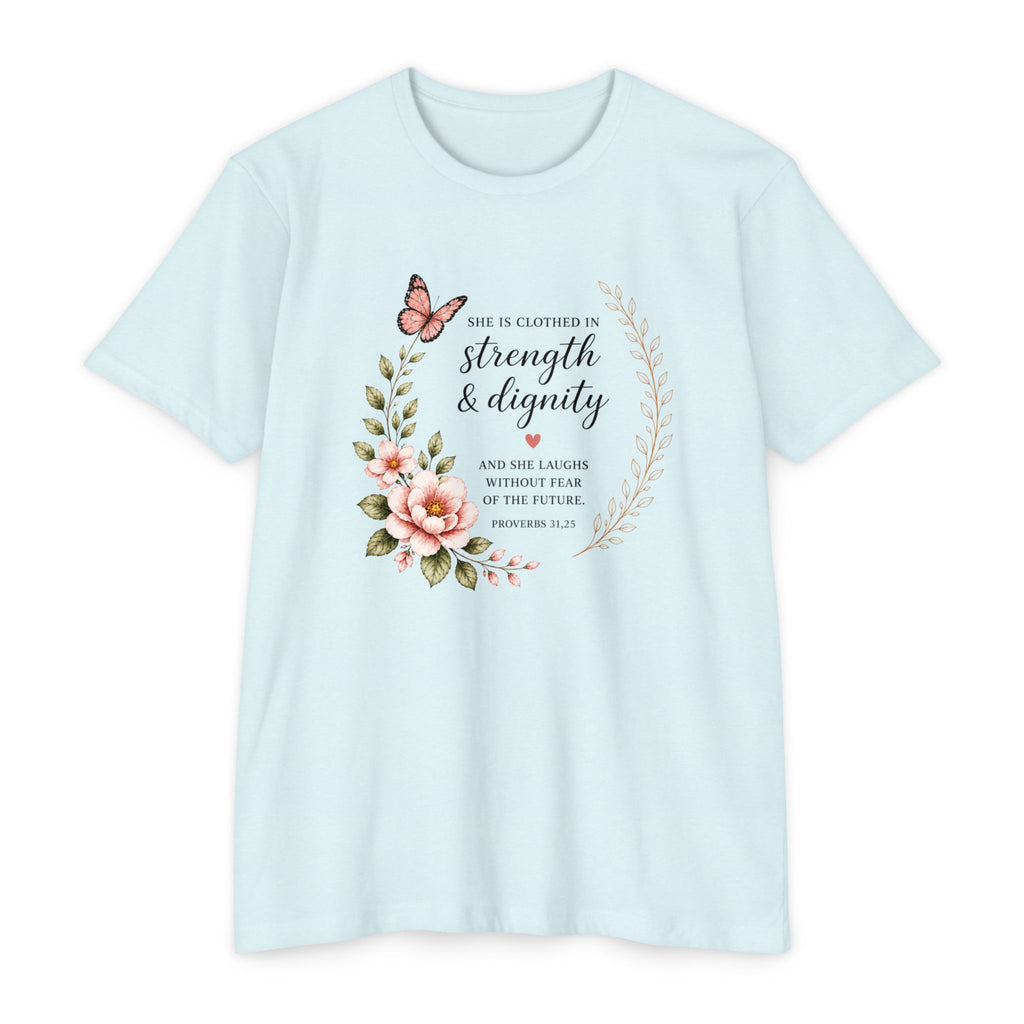 Womens Strength and Dignity Scripture Shirt | Floral Bible Verse Tee