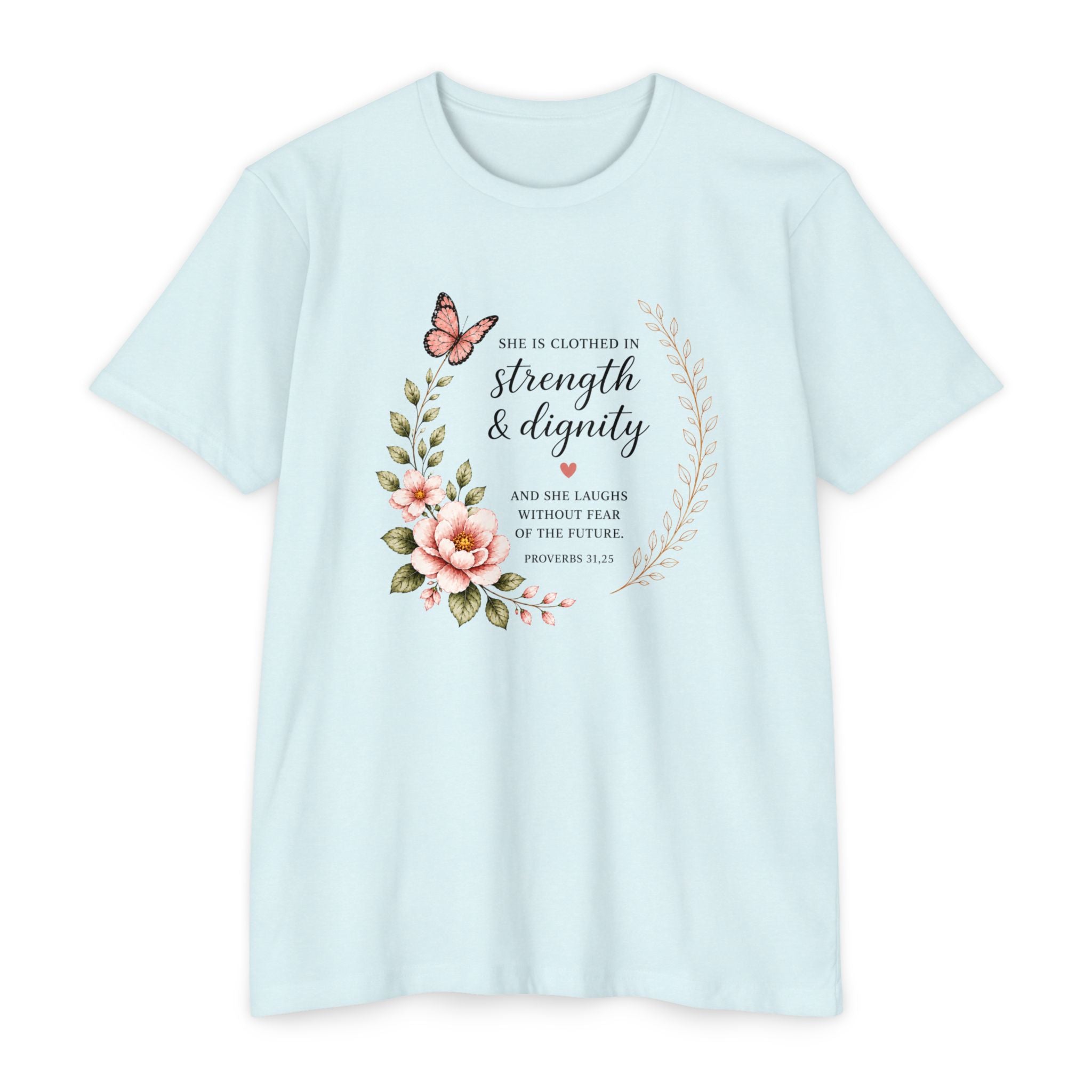 Womens Strength and Dignity Scripture Shirt | Floral Bible Verse Tee