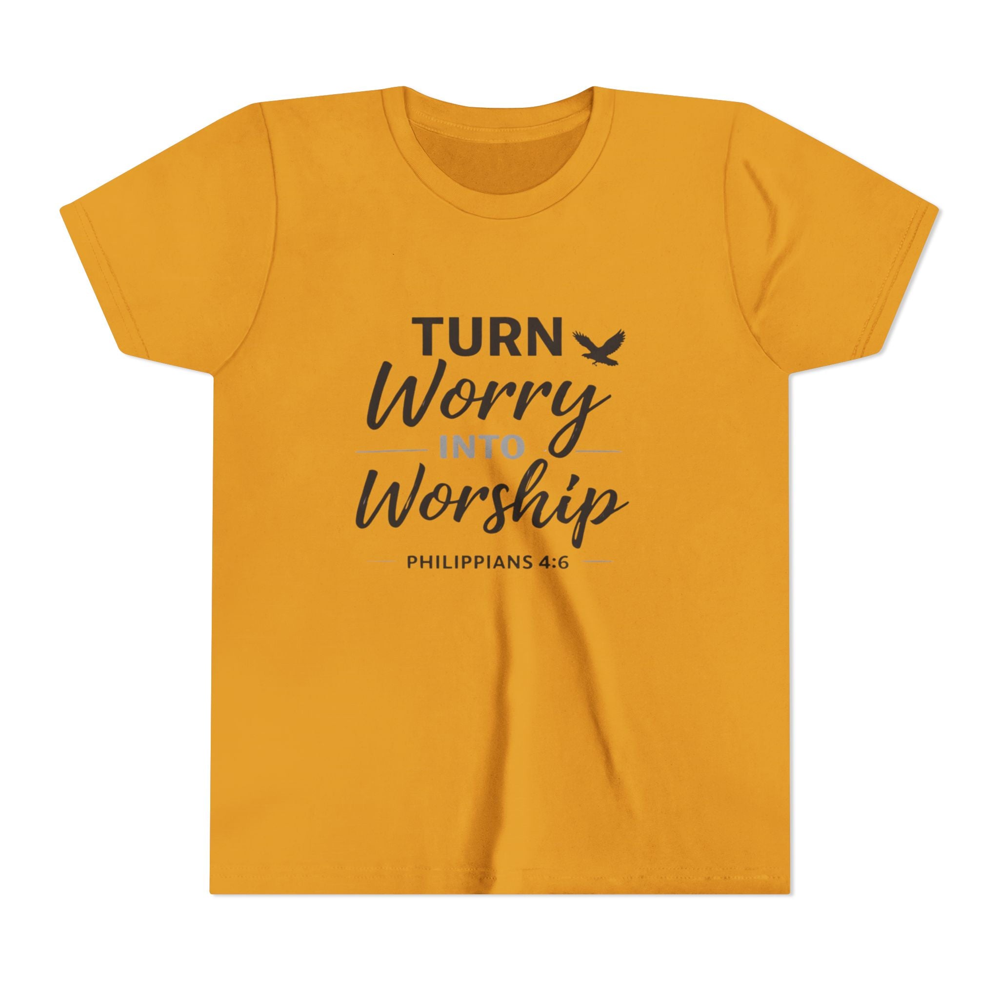 Girls Youth Tee - "Turn Worry Into Worship" Philippians 4:6 Christian Kids Shirt