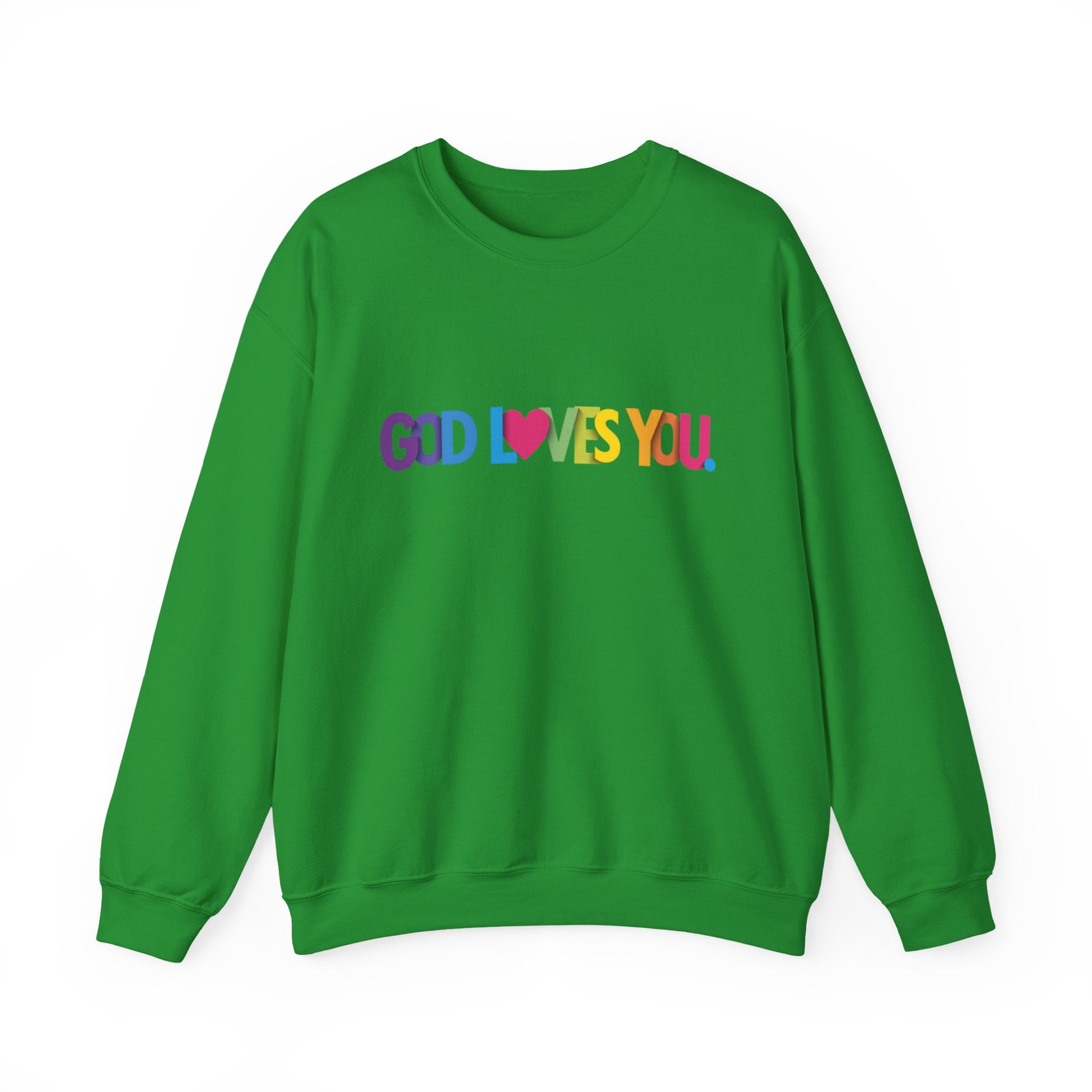 God Loves You Crewneck Sweatshirt — Rainbow Faith Graphic