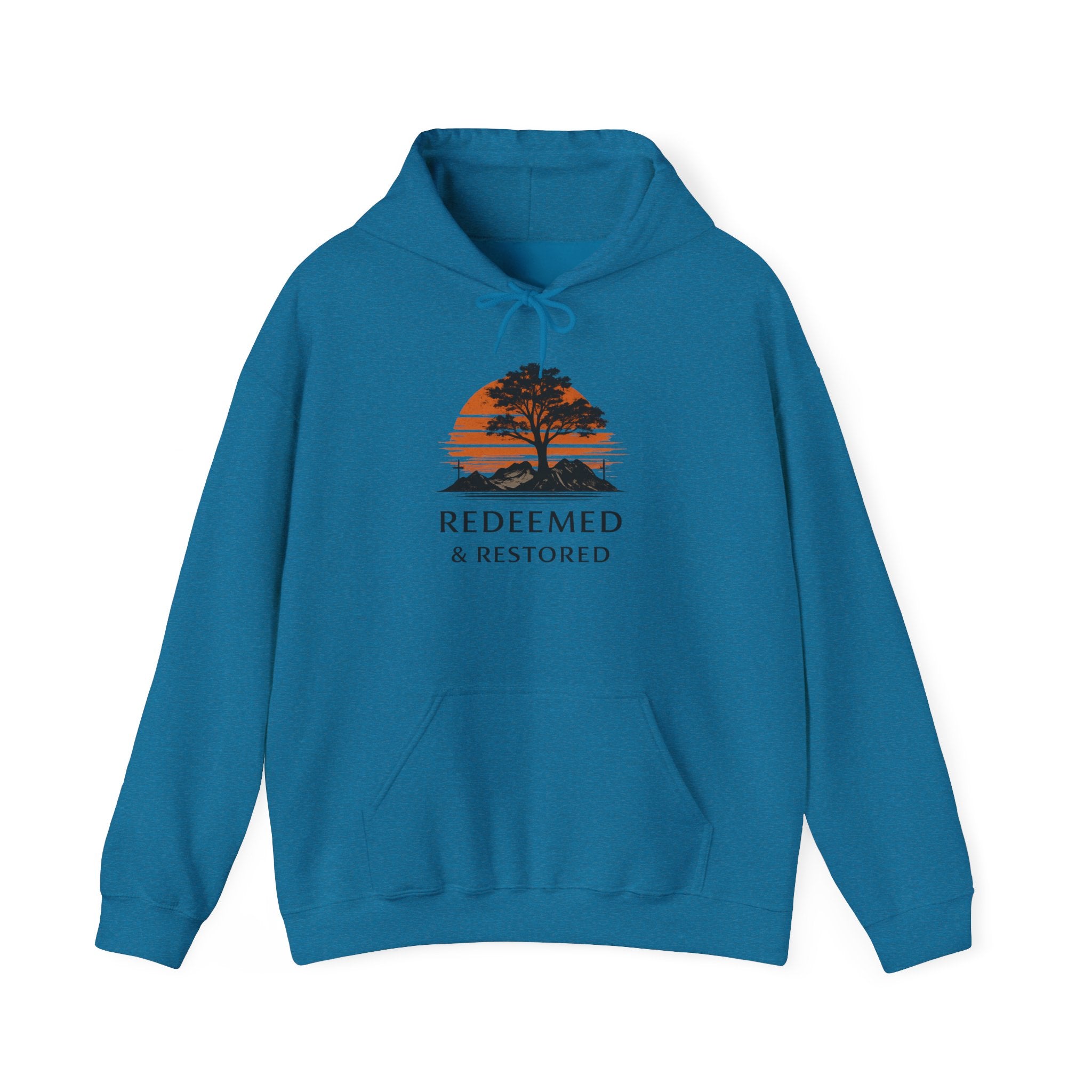 Mens Redeemed & Restored Hoodie — Inspirational Christian Tree Sunset Pullover