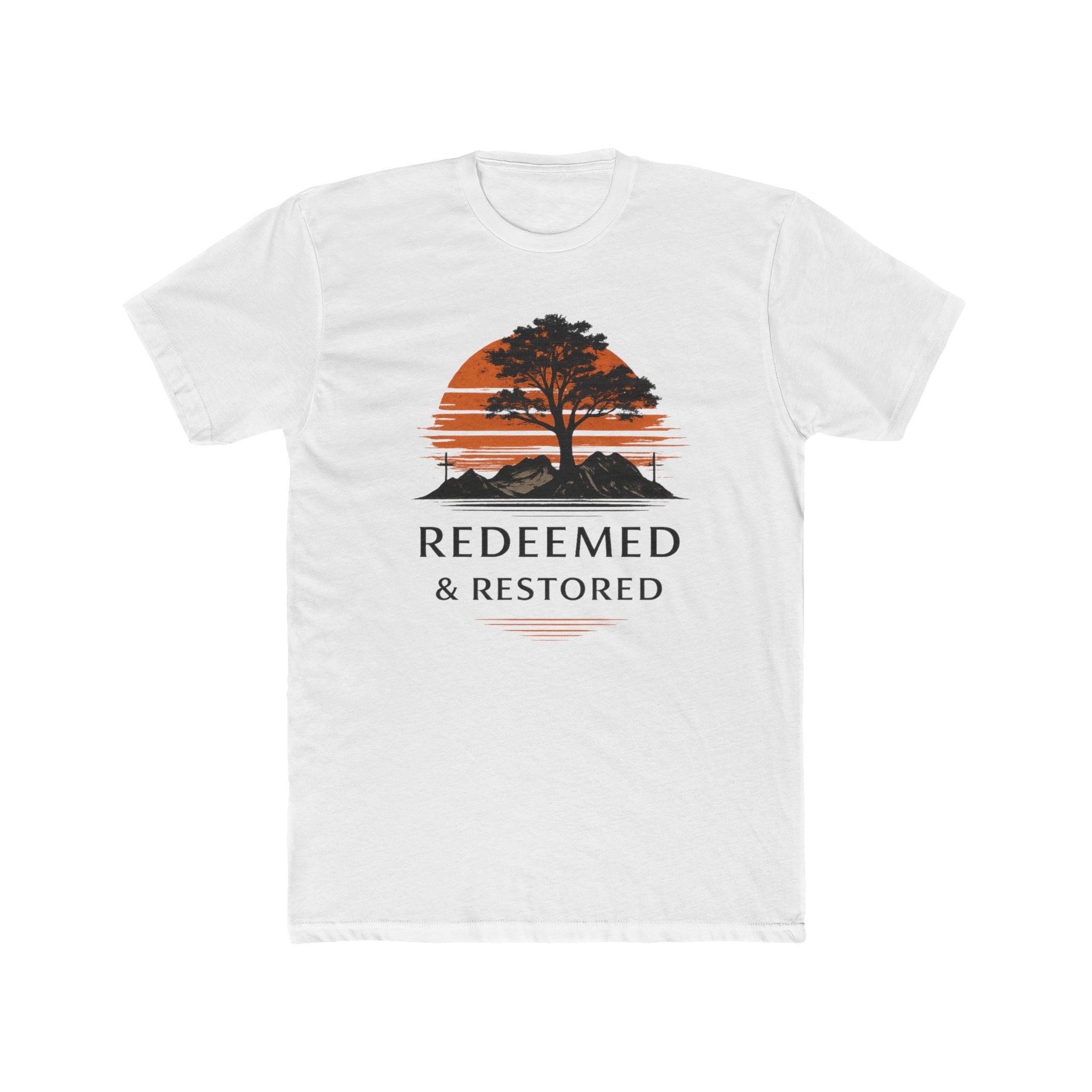 Redeemed & Restored Tee — Faith-Inspired Tree Sunset Graphic T-Shirt