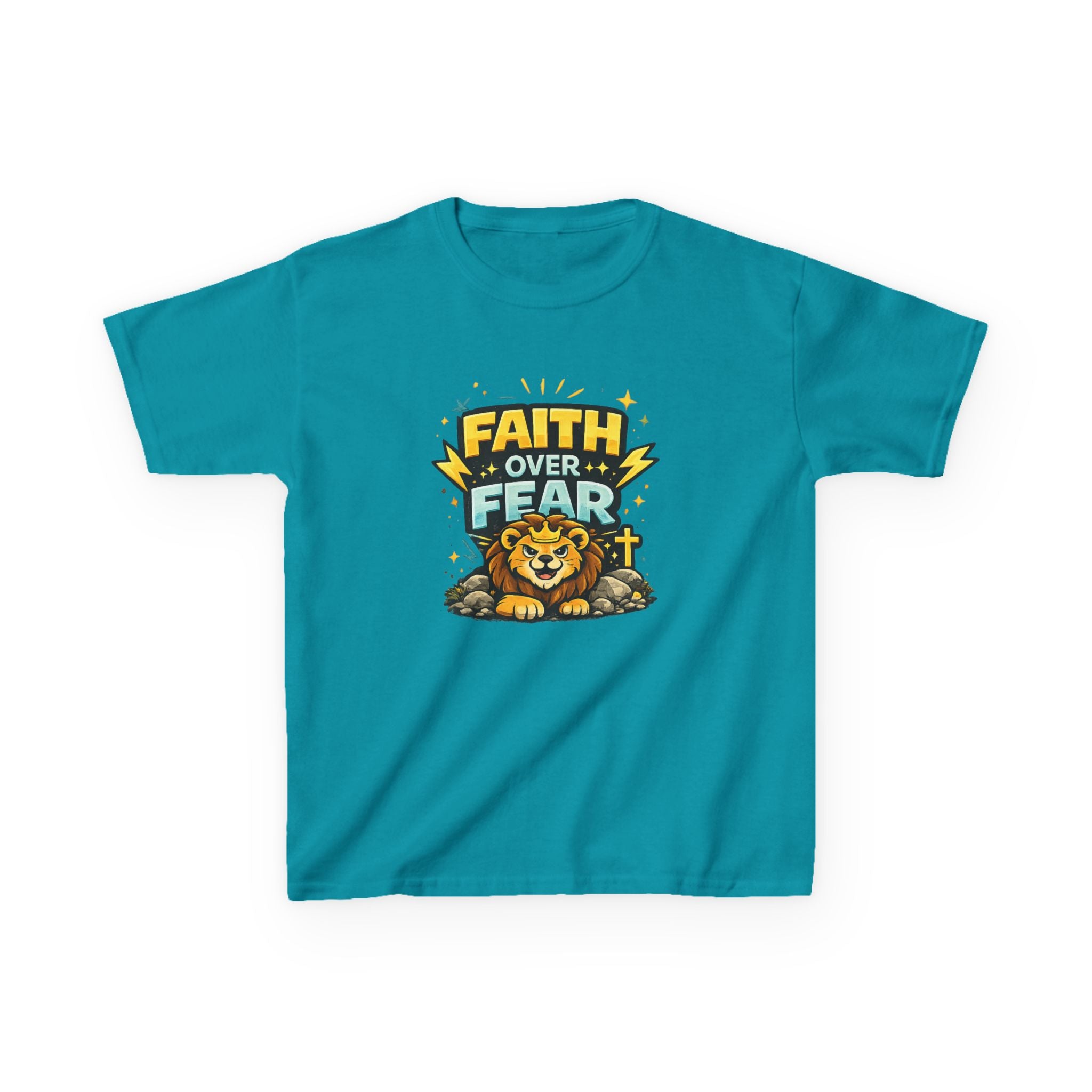 Kids Tee — "Faith Over Fear" Lion Graphic Christian Shirt