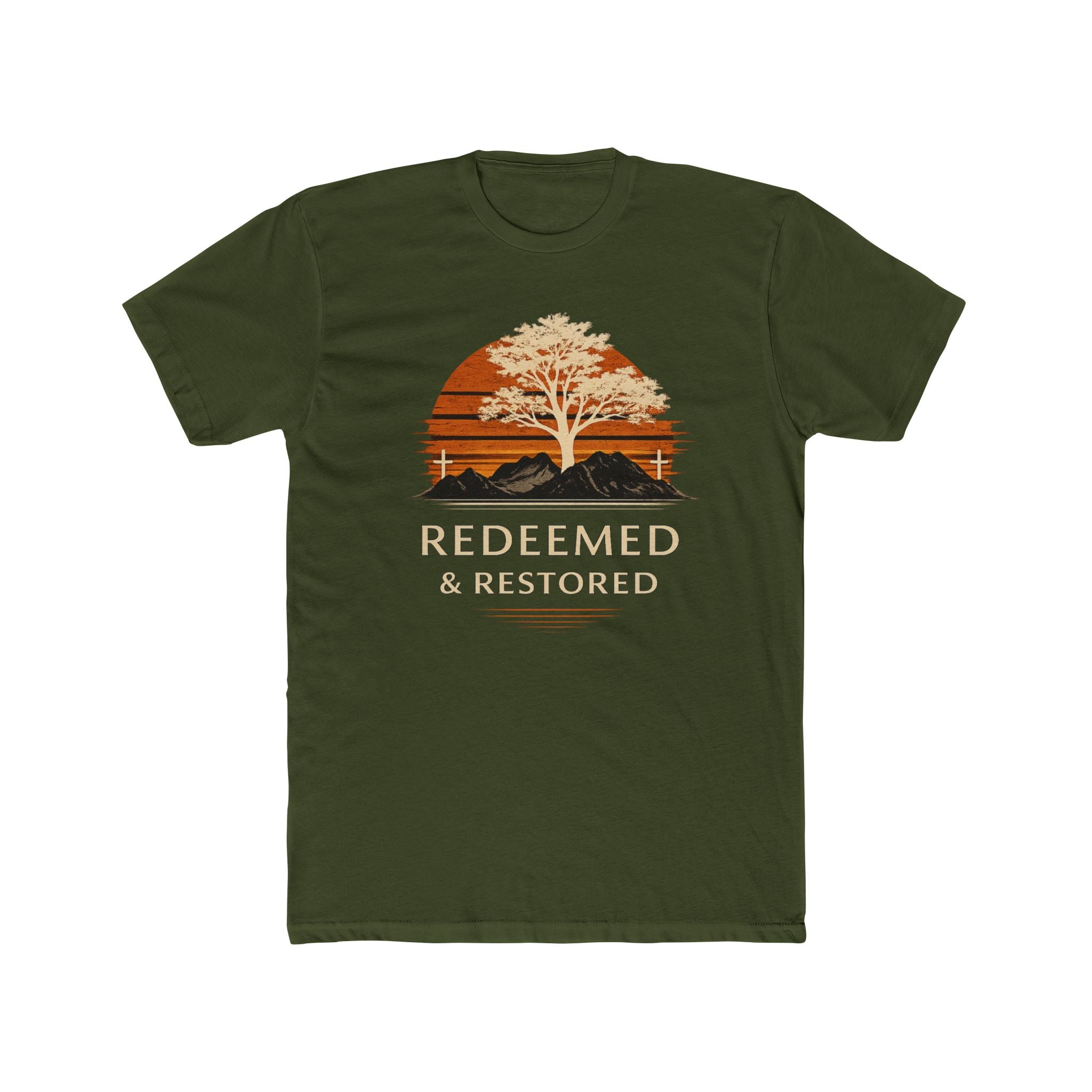 Redeemed & Restored Tee — Faith-Inspired Tree Sunset Graphic T-Shirt