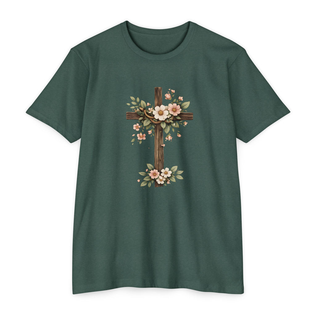 Womens Floral Cross T-Shirt — Rustic Christian Tee for Easter & Church
