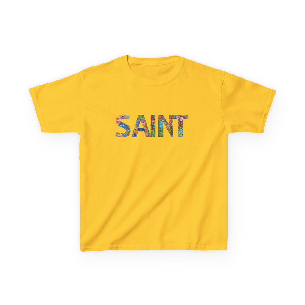 Girls Saint Kids T‑Shirt — Colorful Patterned Lettering Tee for Children
