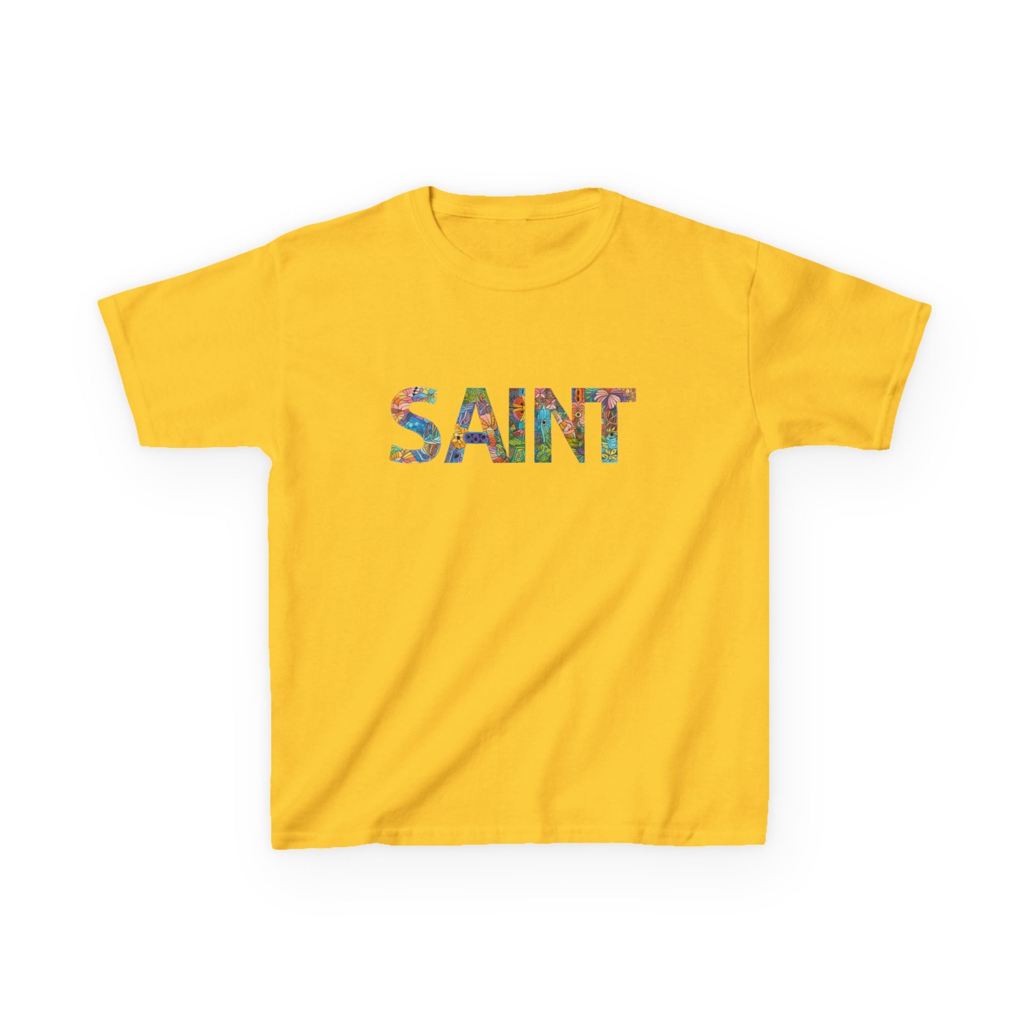 Girls Saint Kids T‑Shirt — Colorful Patterned Lettering Tee for Children