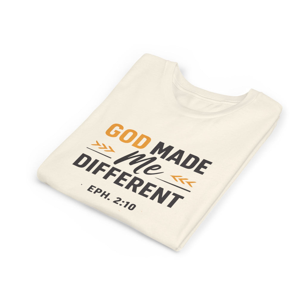 Girls Youth Tee – "God Made Me Different" Christian Kids T‑Shirt (Eph. 2:10)