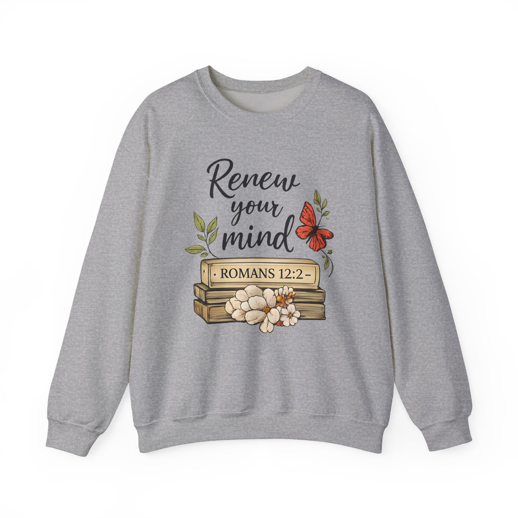 Womens Crewneck Sweatshirt - "Renew Your Mind" Romans 12:2 Floral Christian Pullover