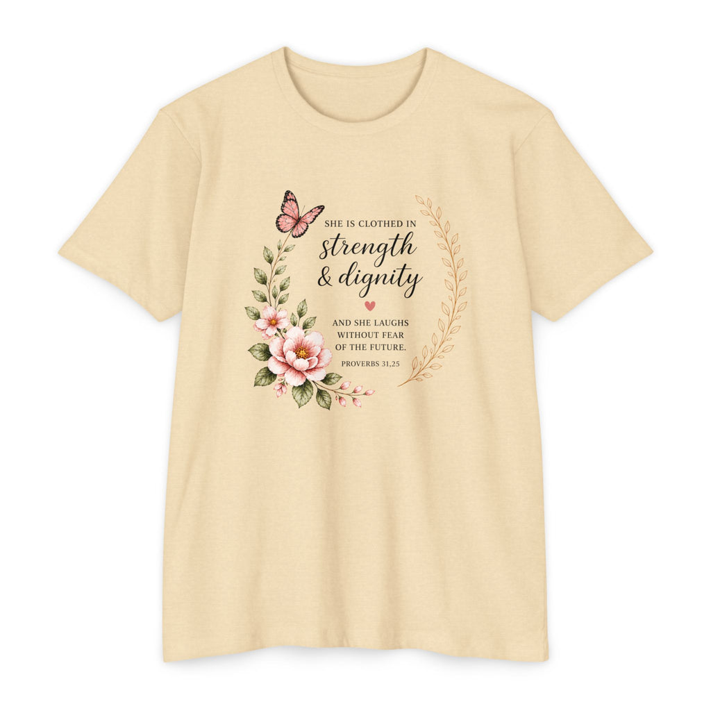 Womens Strength and Dignity Scripture Shirt | Floral Bible Verse Tee