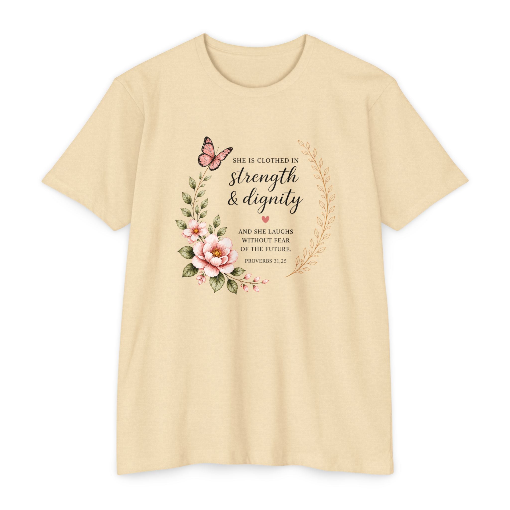 Womens Strength and Dignity Scripture Shirt | Floral Bible Verse Tee