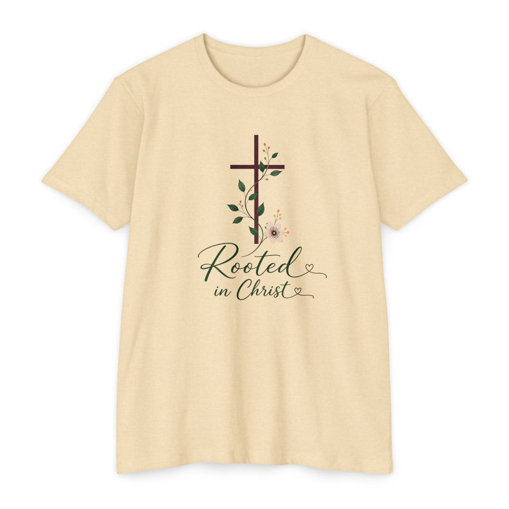 Womens Rooted in Christ Bible and Cross T-shirt | Christian Faith Tee