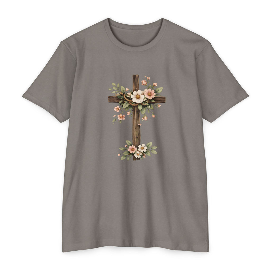 Womens Floral Cross T-Shirt — Rustic Christian Tee for Easter & Church