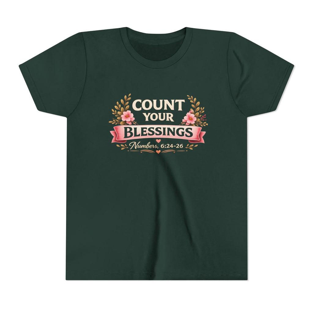 Girls Youth Tee - "Count Your Blessings" Floral Scripture Kids Shirt (Numbers 6:24-26)