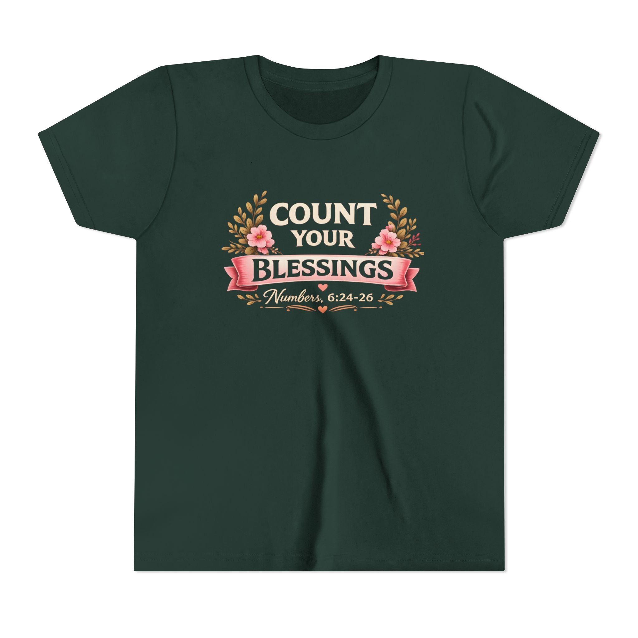 Girls Youth Tee - "Count Your Blessings" Floral Scripture Kids Shirt (Numbers 6:24-26)