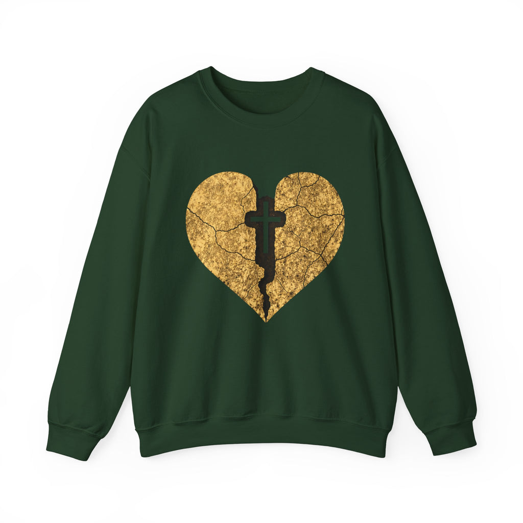 Womens Heart Crack Cross Crewneck Sweatshirt — Gold Distressed Christian Faith Pullover