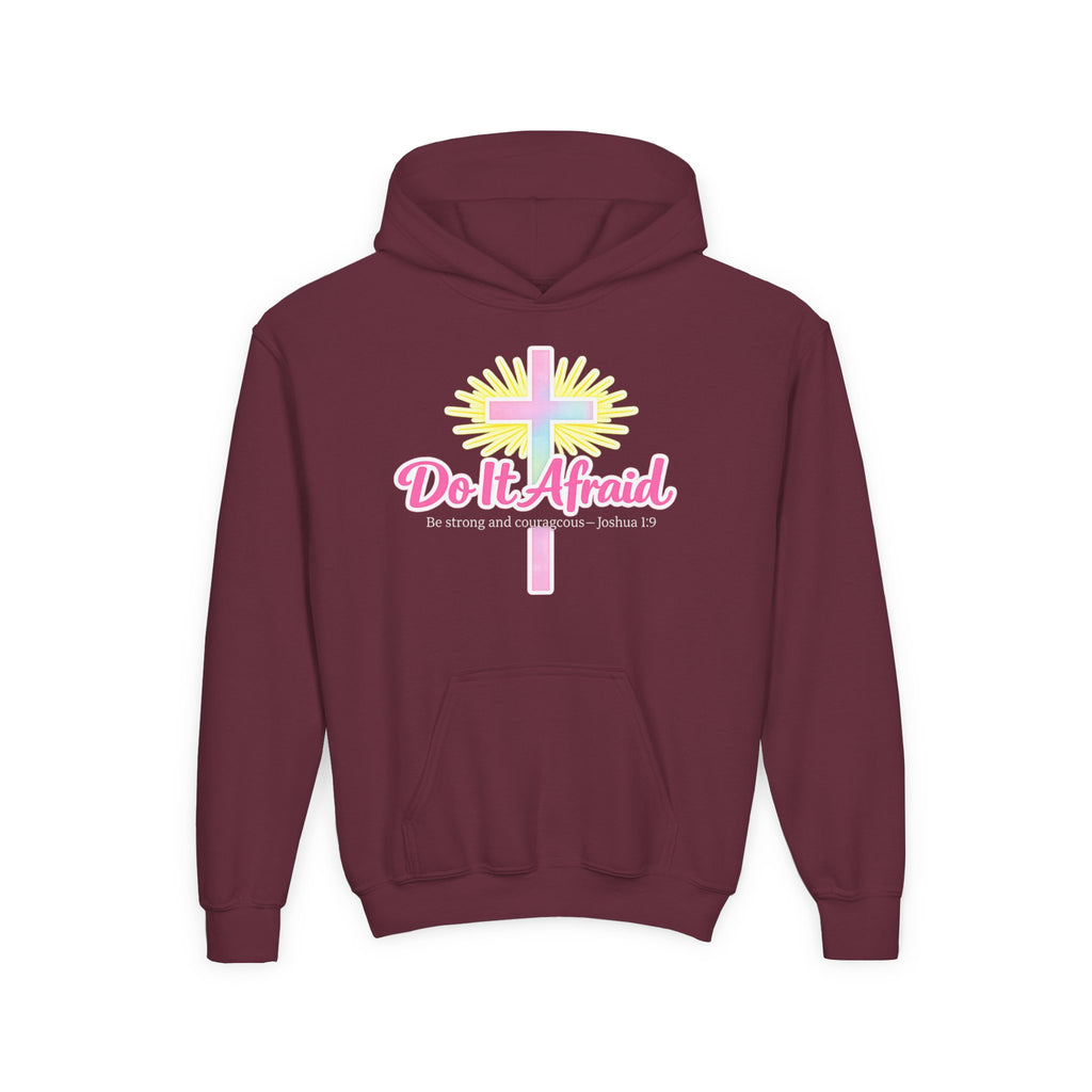 Youth Hoodie — "Do It Afraid" Christian Cross Inspirational Sweatshirt (Joshua 1:9)