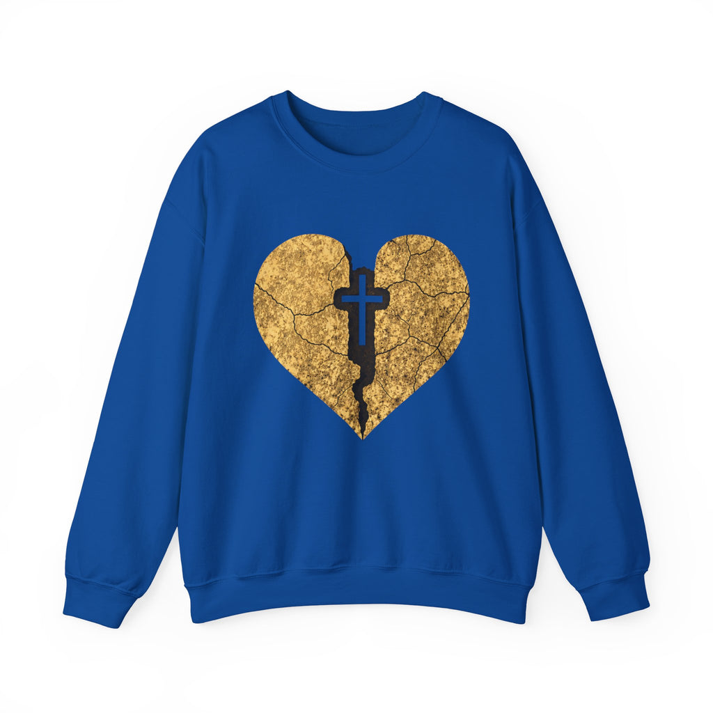 Womens Heart Crack Cross Crewneck Sweatshirt — Gold Distressed Christian Faith Pullover