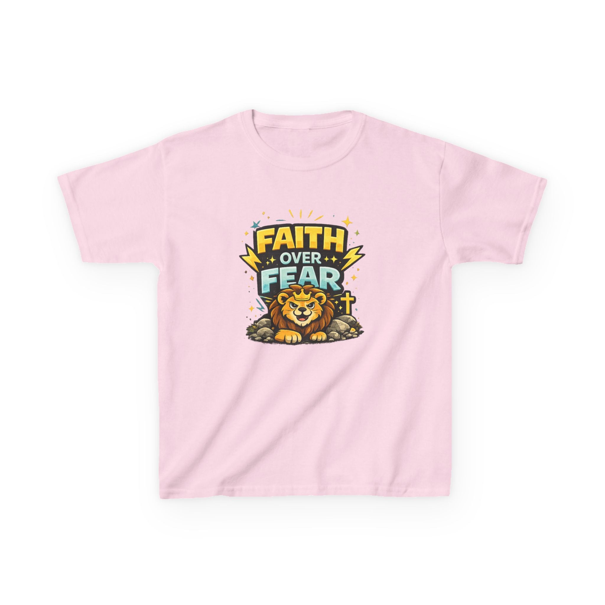 Kids Tee — "Faith Over Fear" Lion Graphic Christian Shirt
