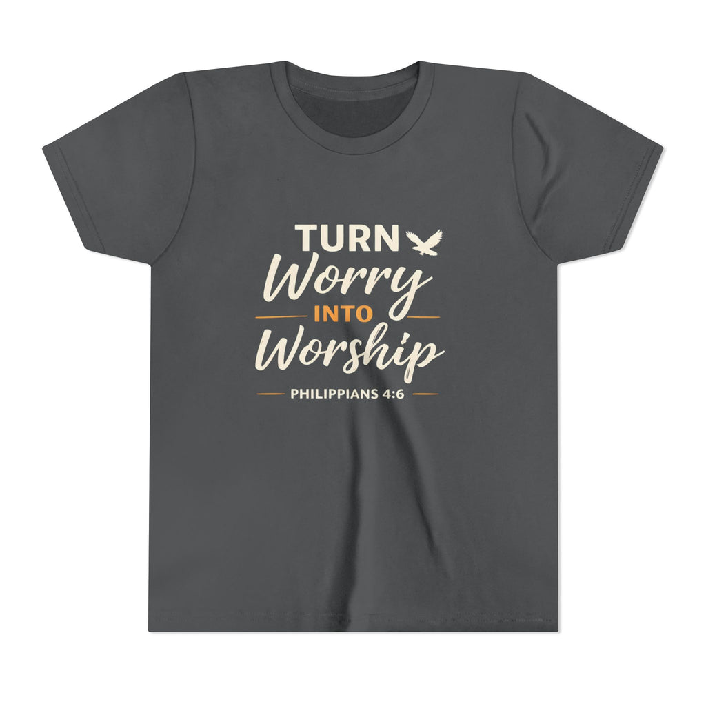 Boys Youth Tee - "Turn Worry Into Worship" Philippians 4:6 Christian Kids Shirt