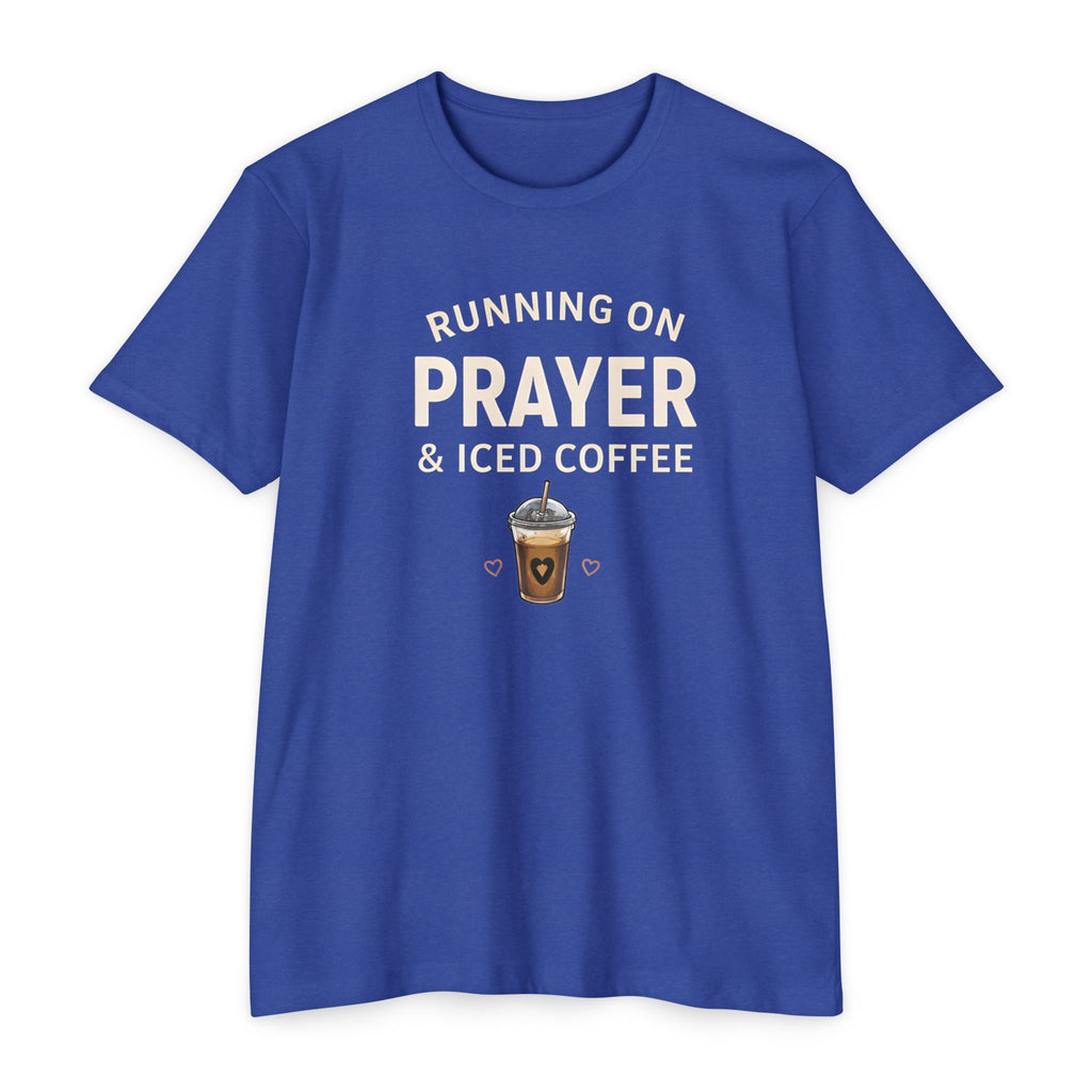 Prayer & Iced Coffee T-Shirt — "Running on Prayer & Iced Coffee" Christian Coffee Tee