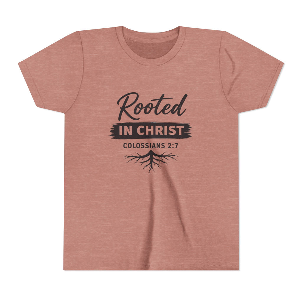 Boys Youth Tee - "Rooted in Christ" Colossians 2:7 Christian Kids Shirt