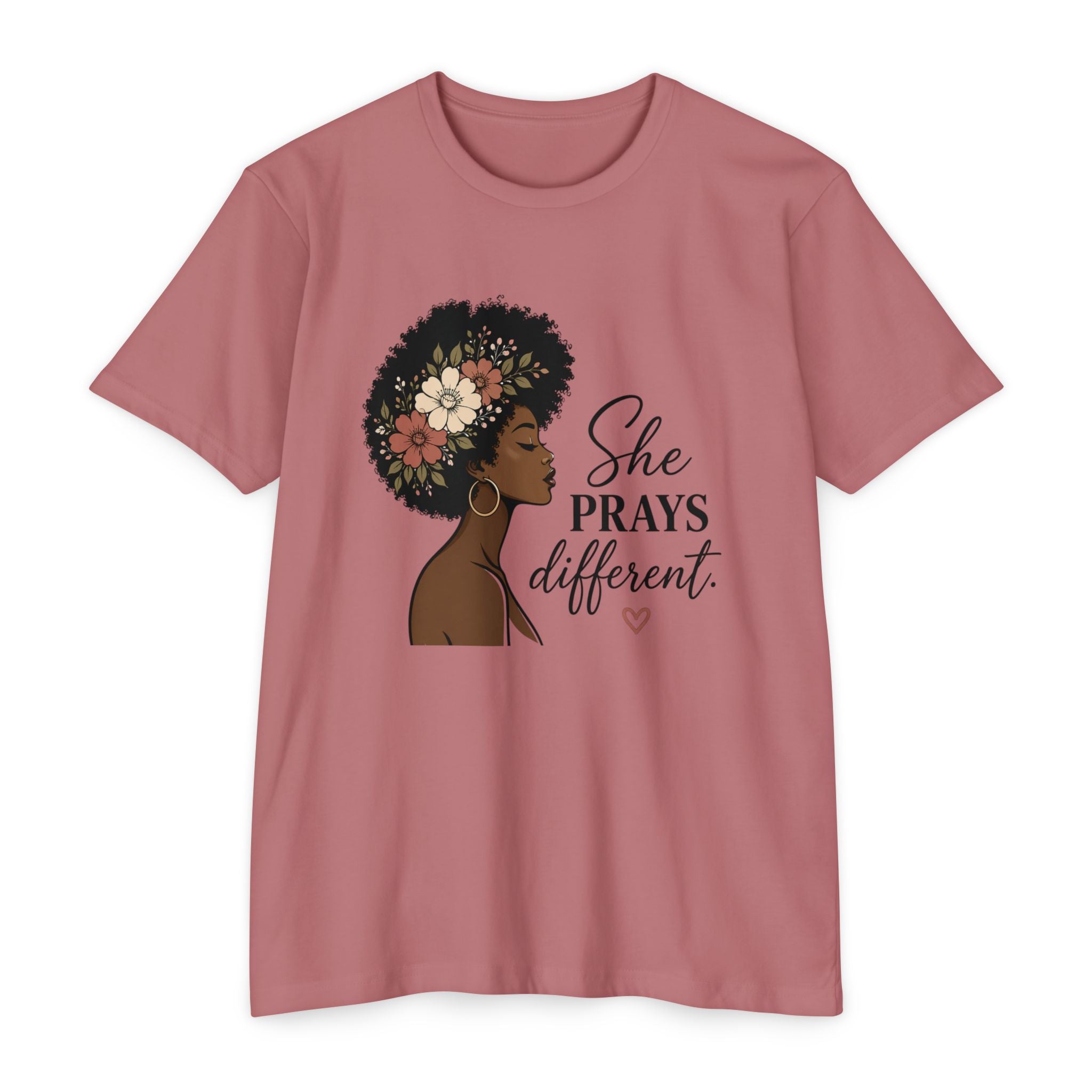 She Prays Different T-Shirt — Floral Afro Woman Inspirational Christian Tee