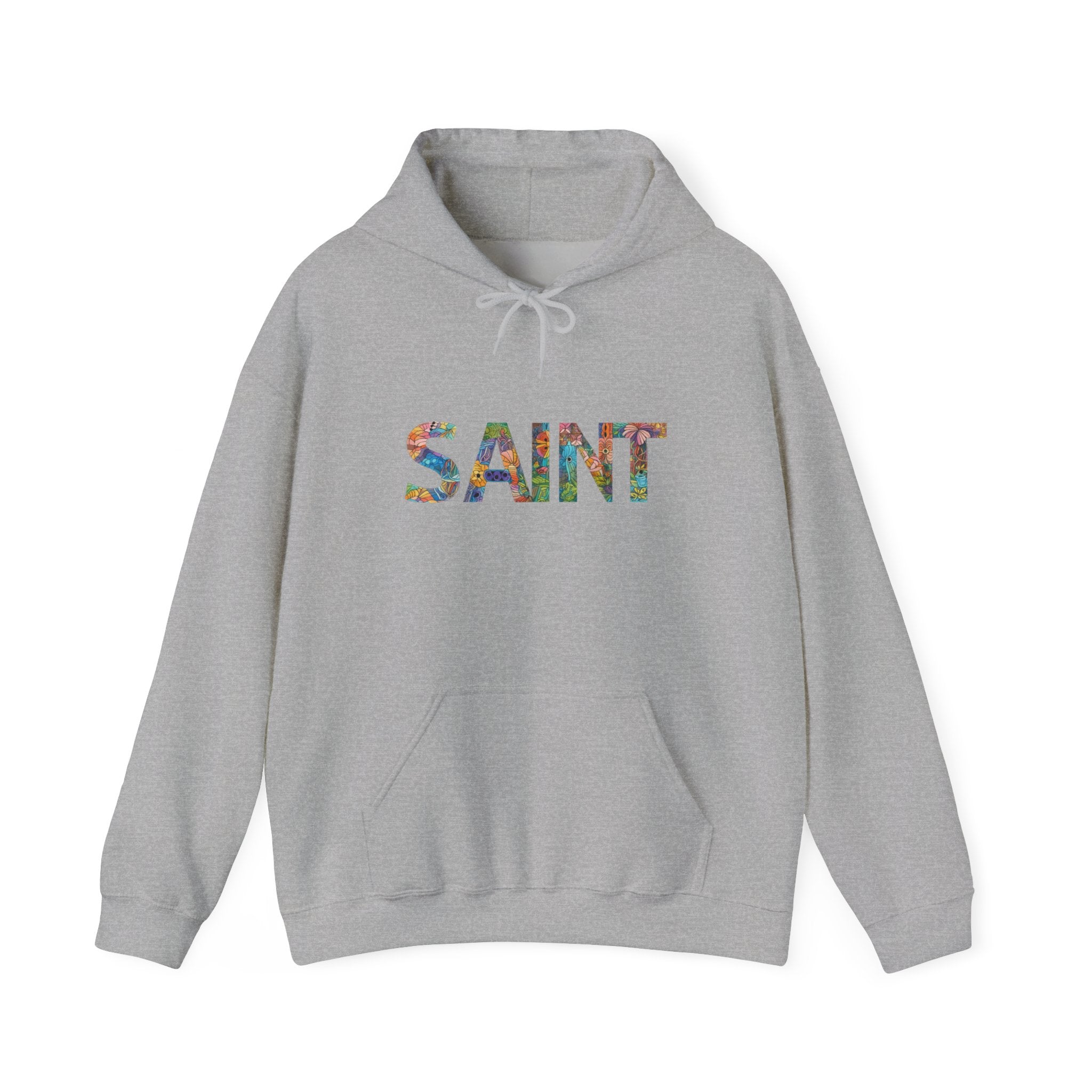 Mens Saint Floral Hoodie  Colorful Botanical Lettering Pullover