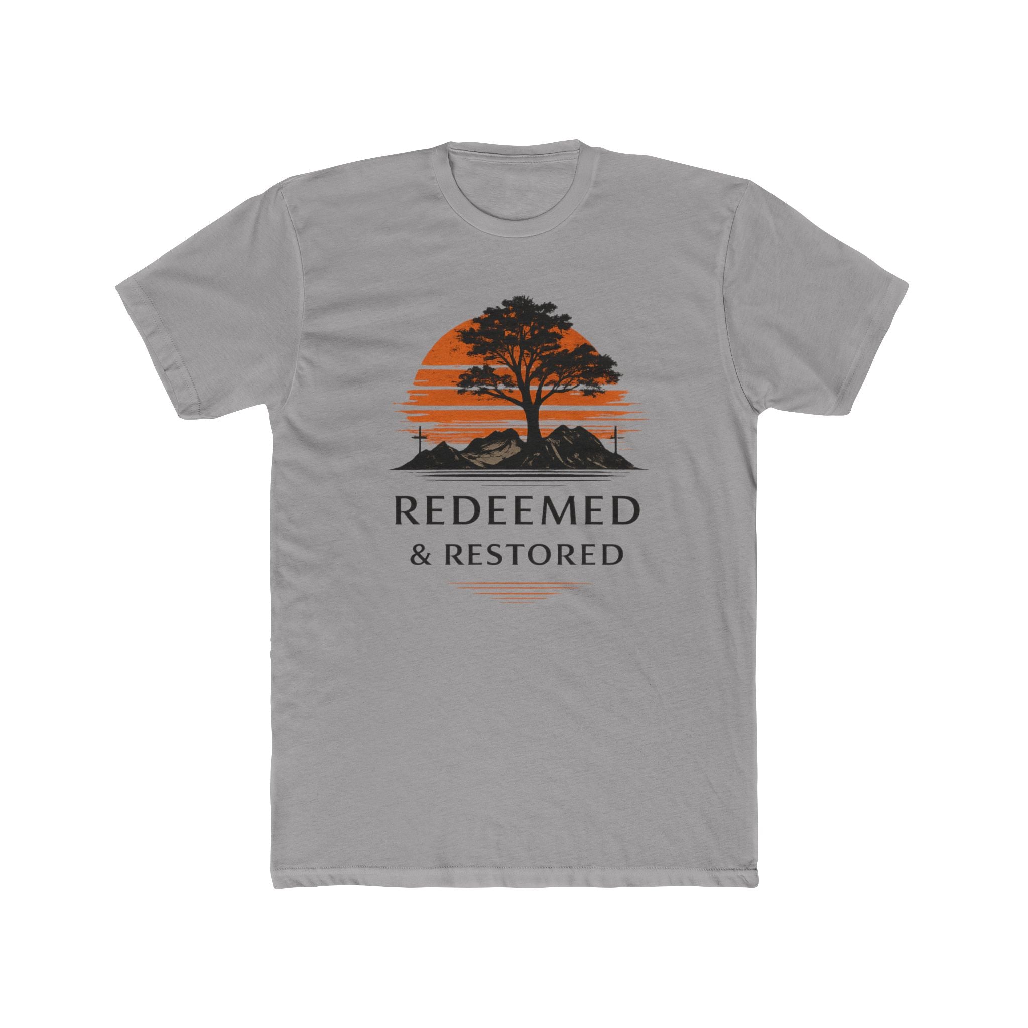 Redeemed & Restored Tee — Faith-Inspired Tree Sunset Graphic T-Shirt