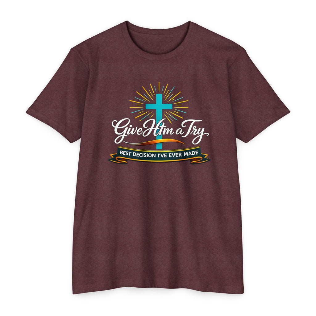 Womens Give Him a Try cross design T-Shirt | Christian faith shirt