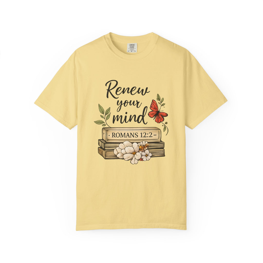 Renew Your Mind T-Shirt – Romans 12:2 Floral Butterfly Christian Tee