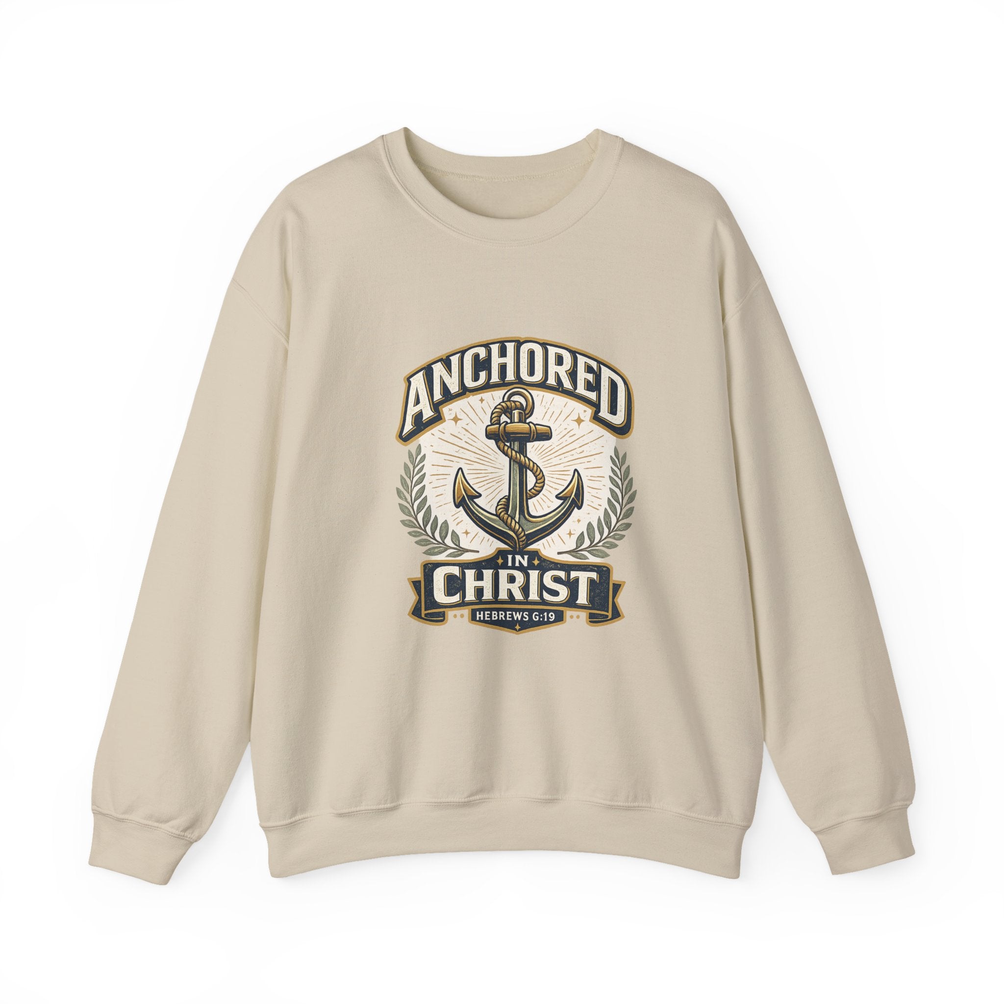 Womens Anchored in Christ Crewneck Sweatshirt — Christian Anchor Faith Pullover