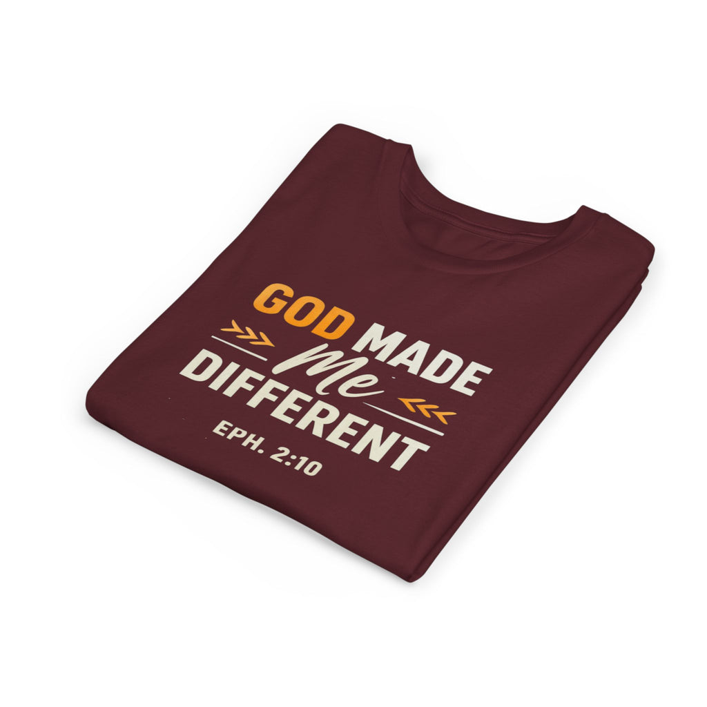 Girls Youth Tee – "God Made Me Different" Christian Kids T‑Shirt (Eph. 2:10)