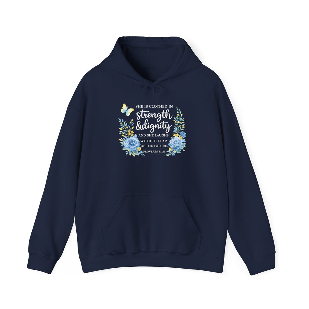 Womens Inspirational Floral Hoodie — "Strength & Dignity" Scripture Sweatshirt