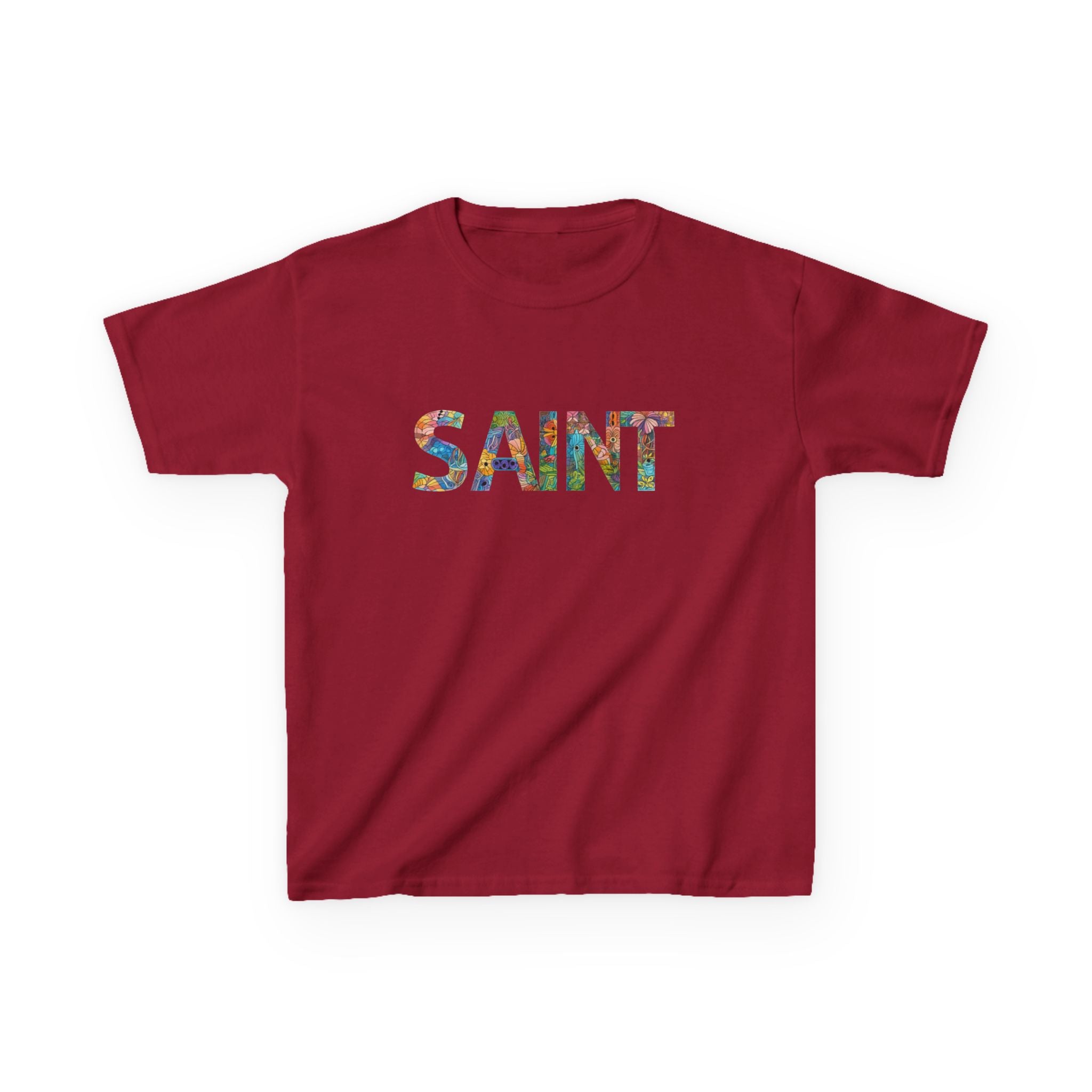 Girls Saint Kids T‑Shirt — Colorful Patterned Lettering Tee for Children