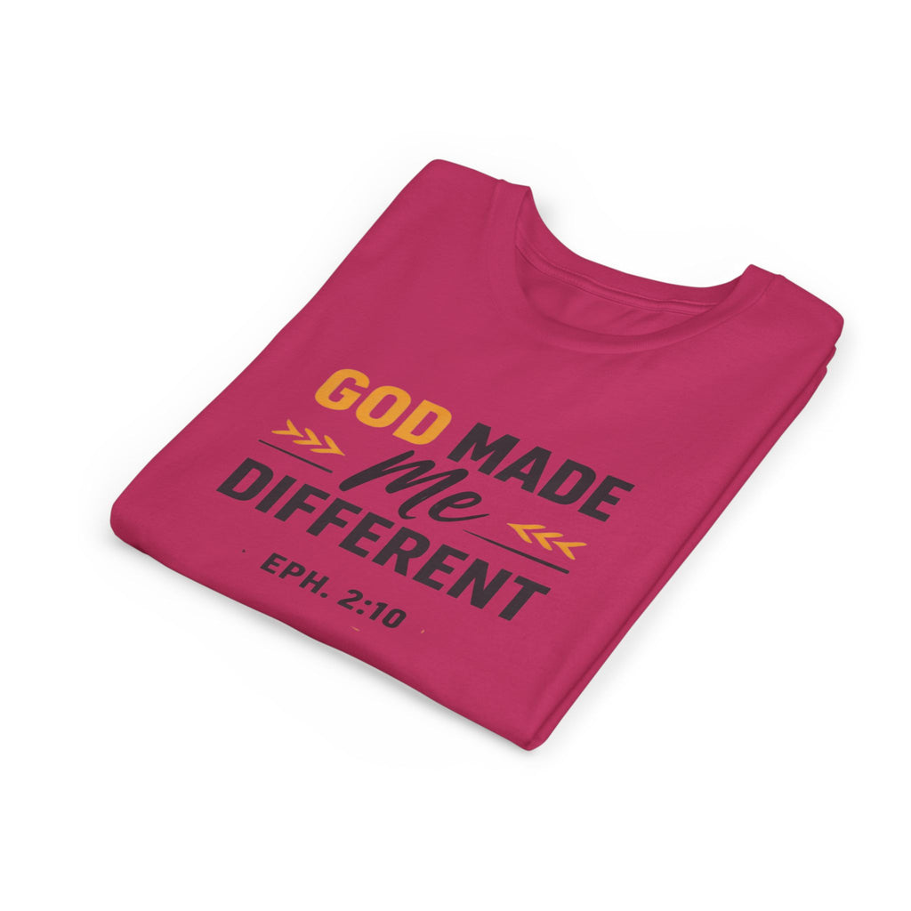 Girls Youth Tee – "God Made Me Different" Christian Kids T‑Shirt (Eph. 2:10)