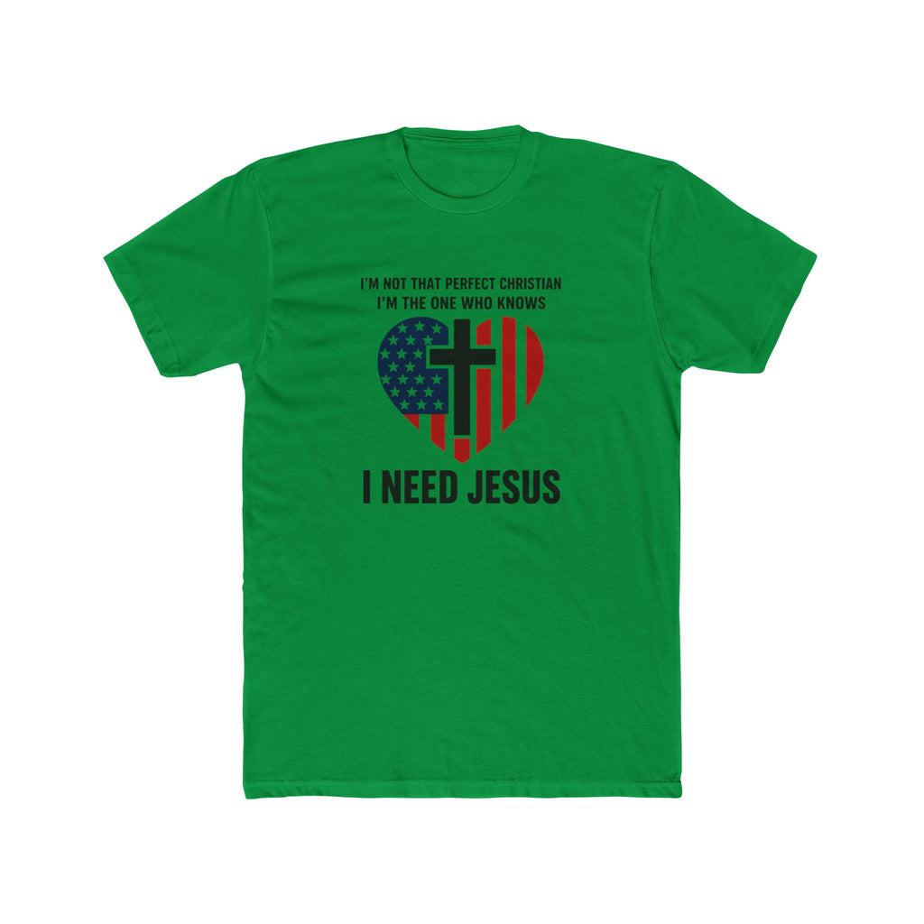 Mens Patriotic Heart Cross Tee  “I Need Jesus” Christian Flag T-Shirt