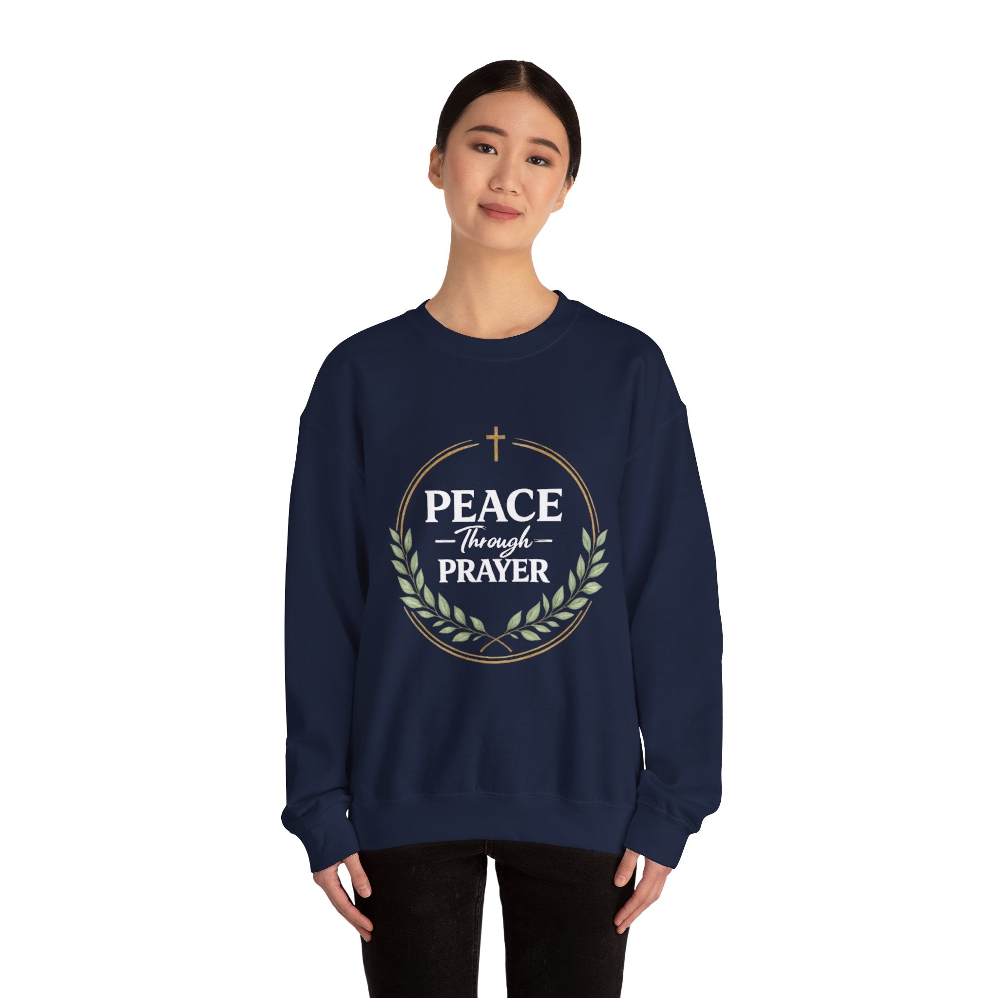 Womens Peace Through Prayer Crewneck Sweatshirt — Christian Faith Graphic Sweatshirt