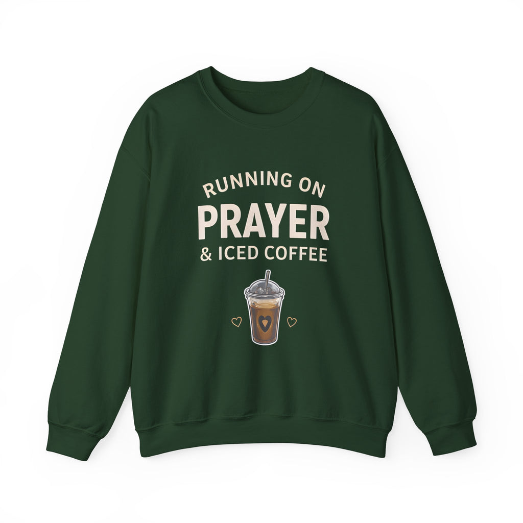 Womens Sweatshirt – "Running on Prayer & Iced Coffee" Crewneck