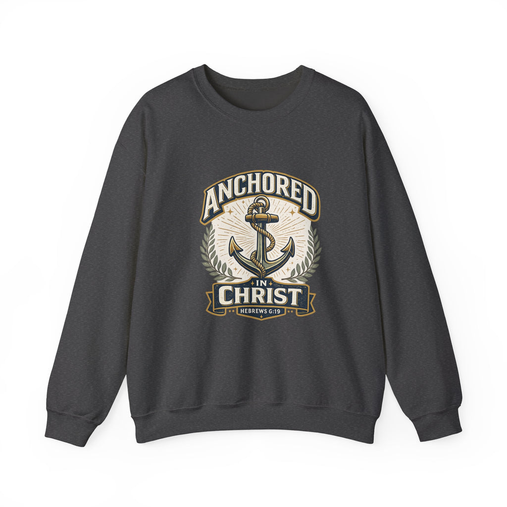 Womens Anchored in Christ Crewneck Sweatshirt — Christian Anchor Faith Pullover