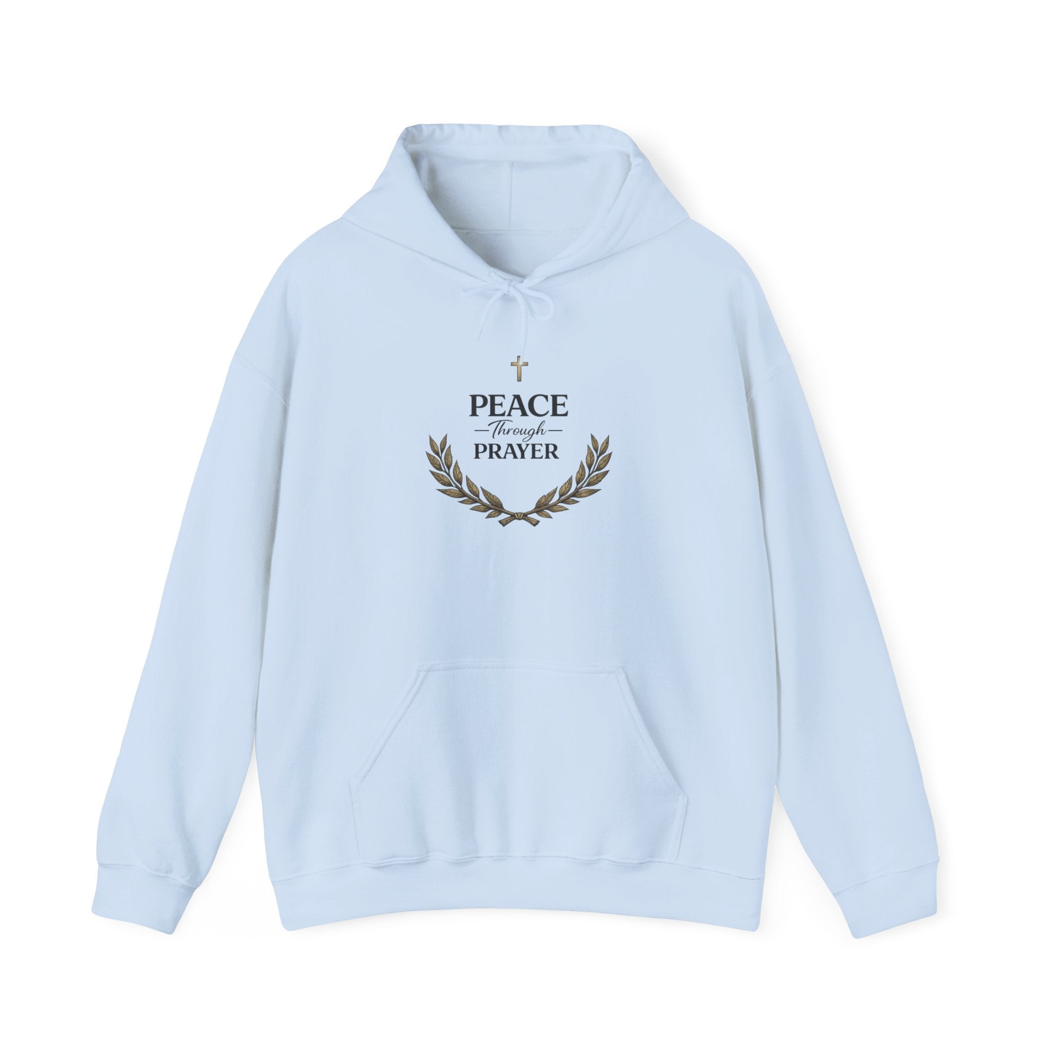 Mens Hoodie "Peace Through Prayer" Religious Laurel Cross Hoodie