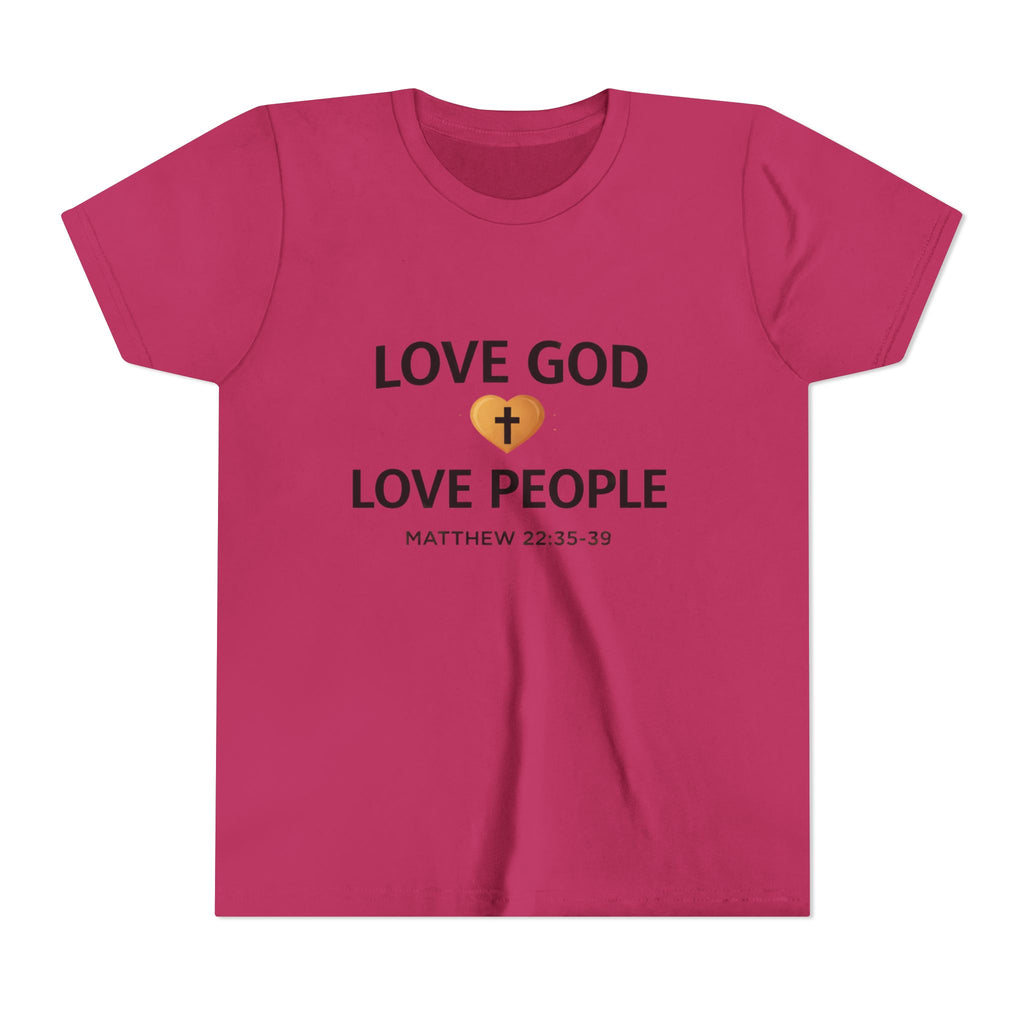 Boys Youth Tee — "Love God Love People" Bible Verse Matthew 22:37-39 Christian Kids Shirt
