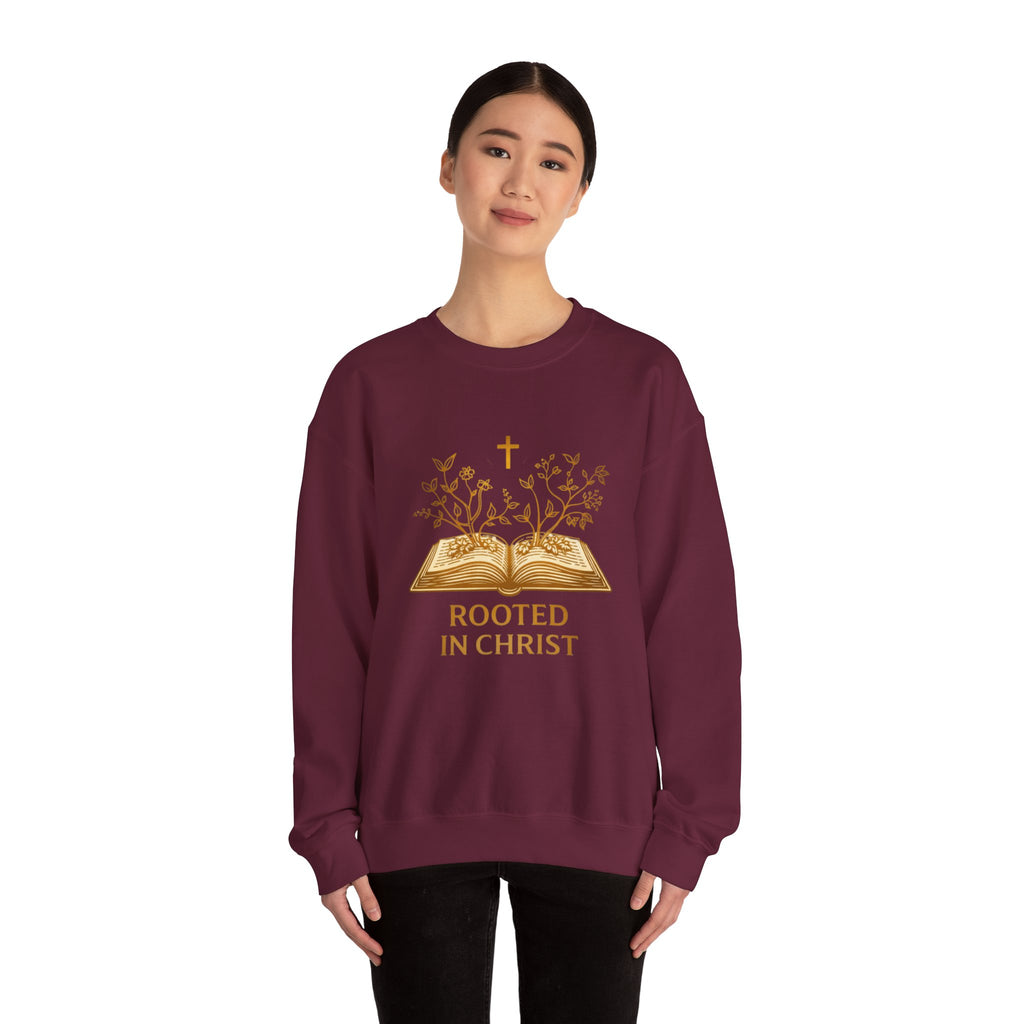 Womens Rooted in Christ Sweatshirt — Christian Faith Bible Graphic Crewneck