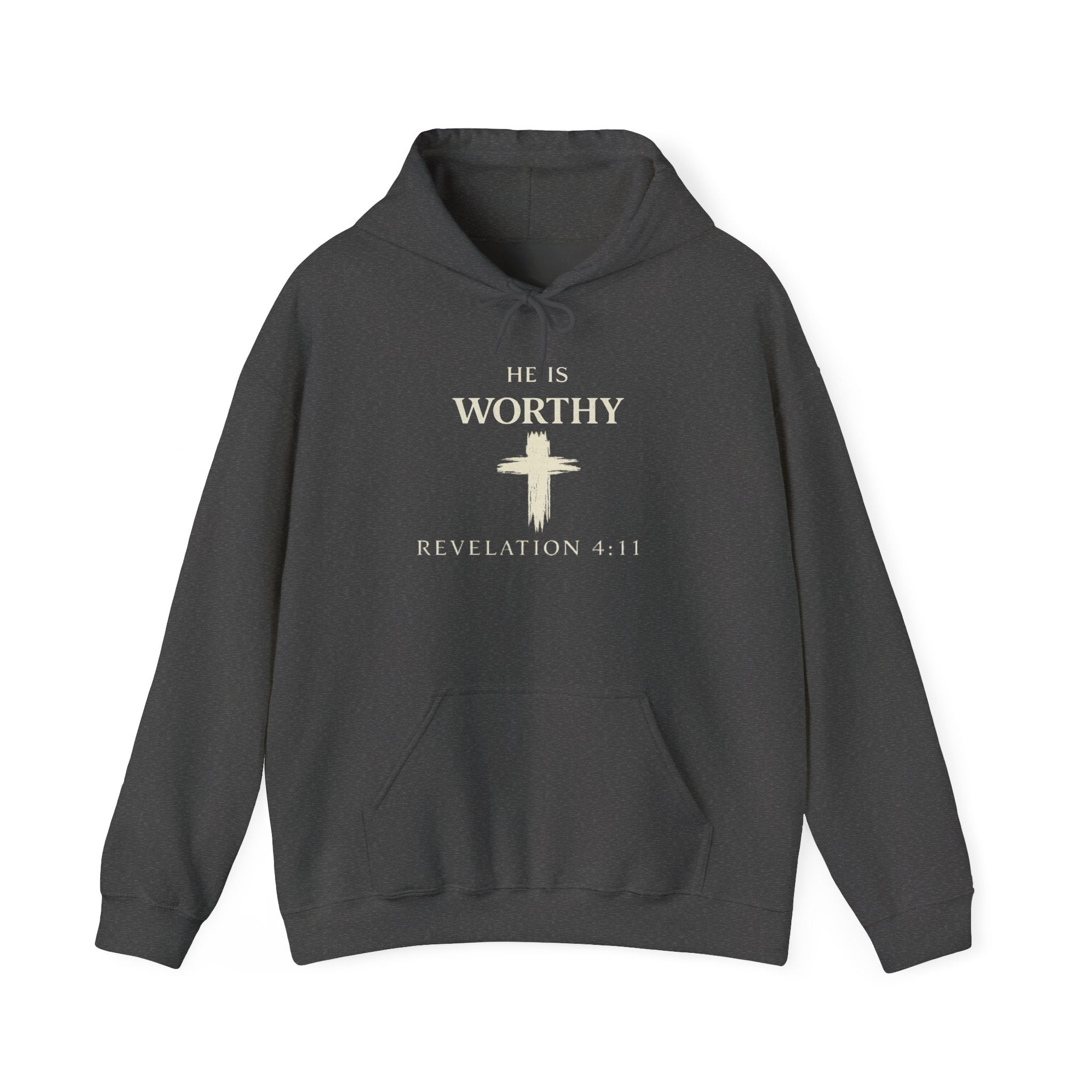 Mens Worthy Cross Hoodie — "He Is Worthy" Revelation 4:11 Christian Pullover
