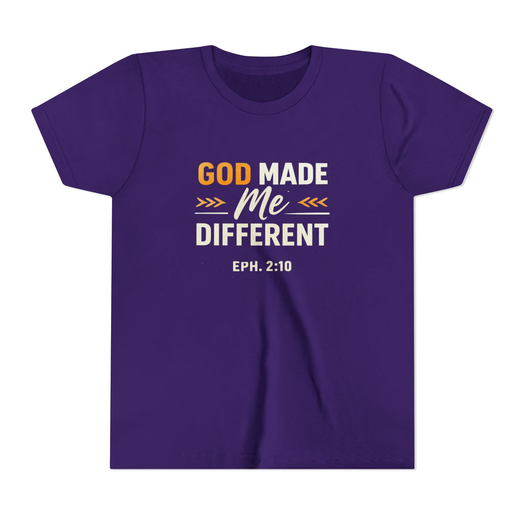 Girls Youth Tee – "God Made Me Different" Christian Kids T‑Shirt (Eph. 2:10)