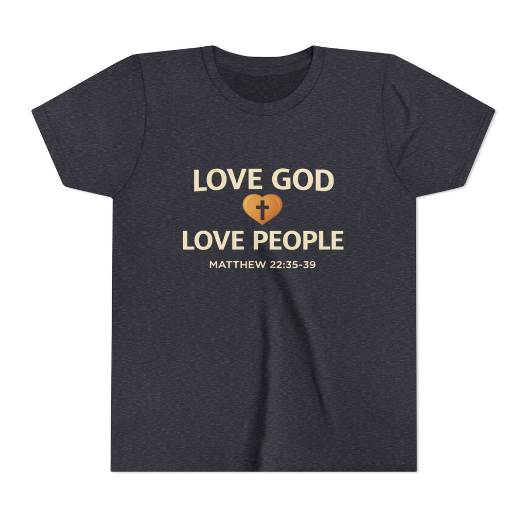 Boys Youth Tee — "Love God Love People" Bible Verse Matthew 22:37-39 Christian Kids Shirt