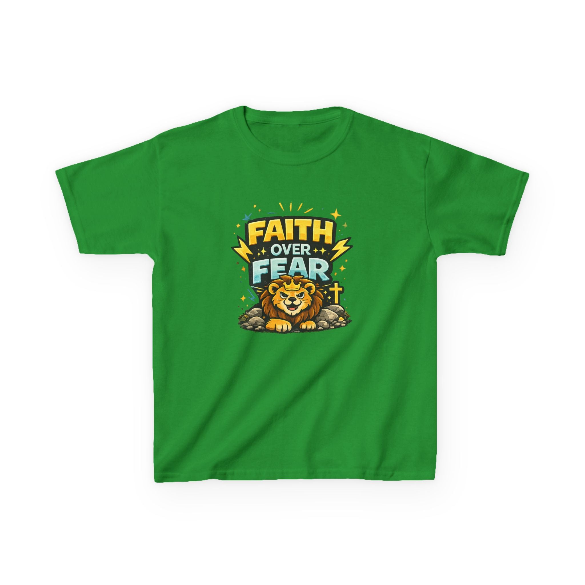 Kids Tee — "Faith Over Fear" Lion Graphic Christian Shirt