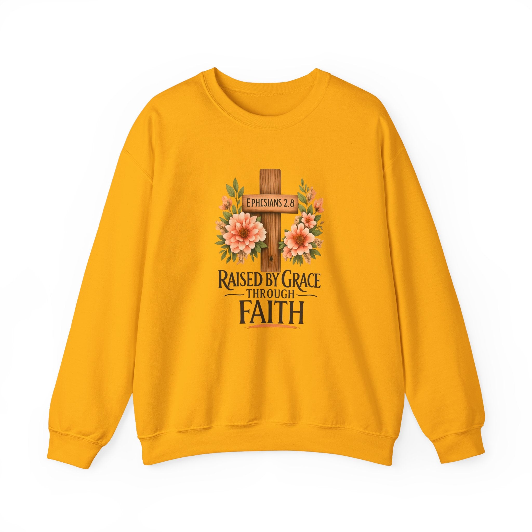 Faith Crewneck Sweatshirt — "Raised by Grace Through Faith" Floral Cross