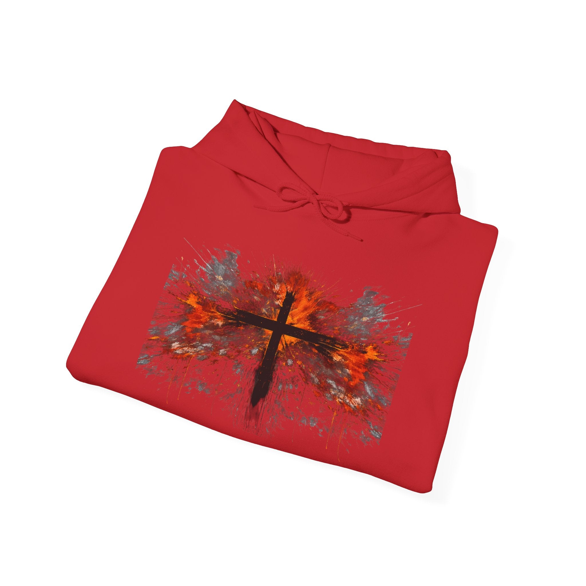 Mens Christian Cross Hoodie — Grunge Red & Black Faith Pullover